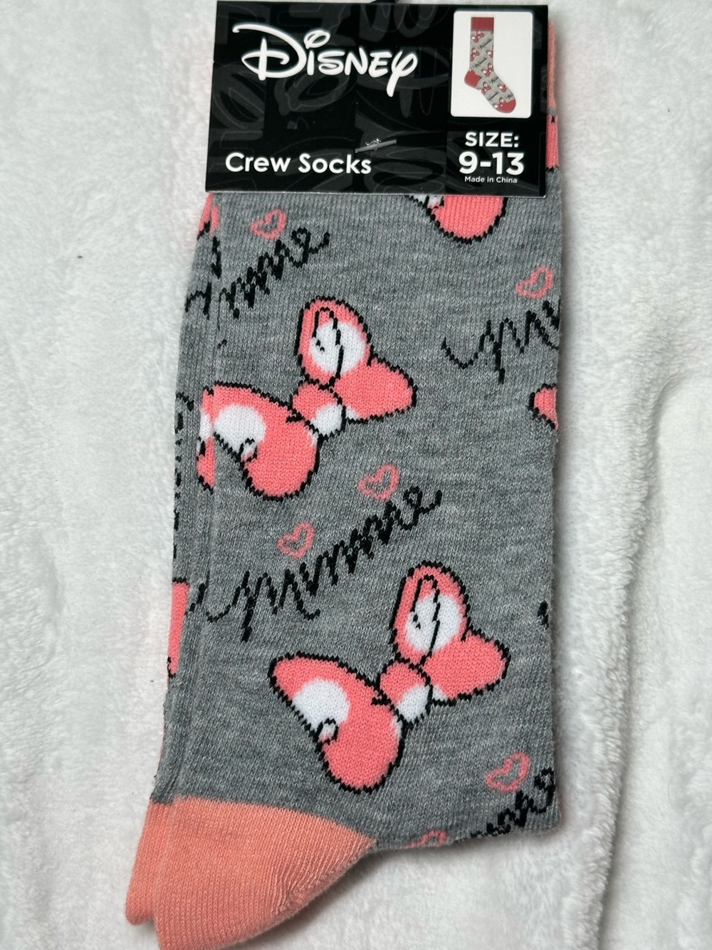 Disney Minnie Mouse Crew Socks Grey Pink Bow Graphic Sock
